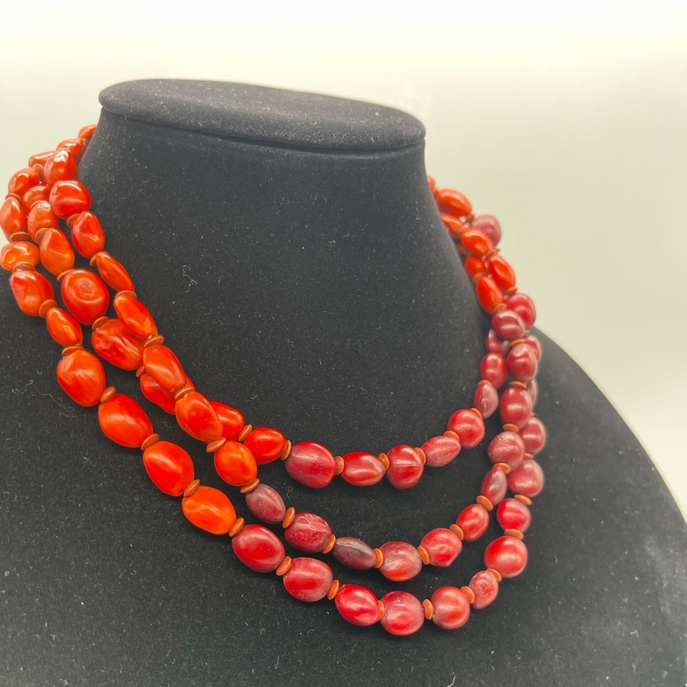 African Multi Strand Wooden Red & Orange Necklace - Picture 3 of 4